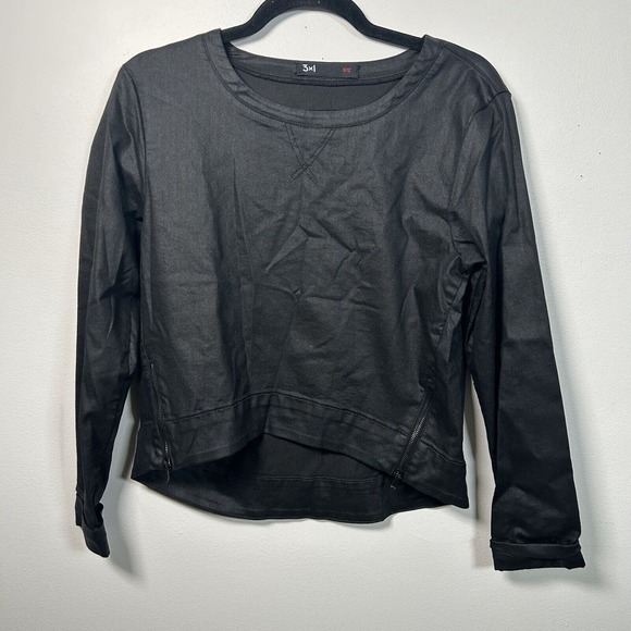 3x1 NYC USA Women's Size M Black Coated Denim Zip Cropped Shirt Top Long Sleeve - Picture 1 of 8